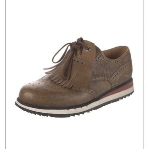 Prada Men's Platform Kiltie Wingtip Derby Leather Dress Shoes, Brown, Size 7.5